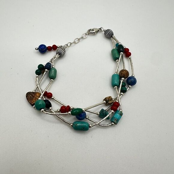 up to 7.5" liquid silver and multi-stone beaded, sterling silver bracelet! - Picture 6 of 11